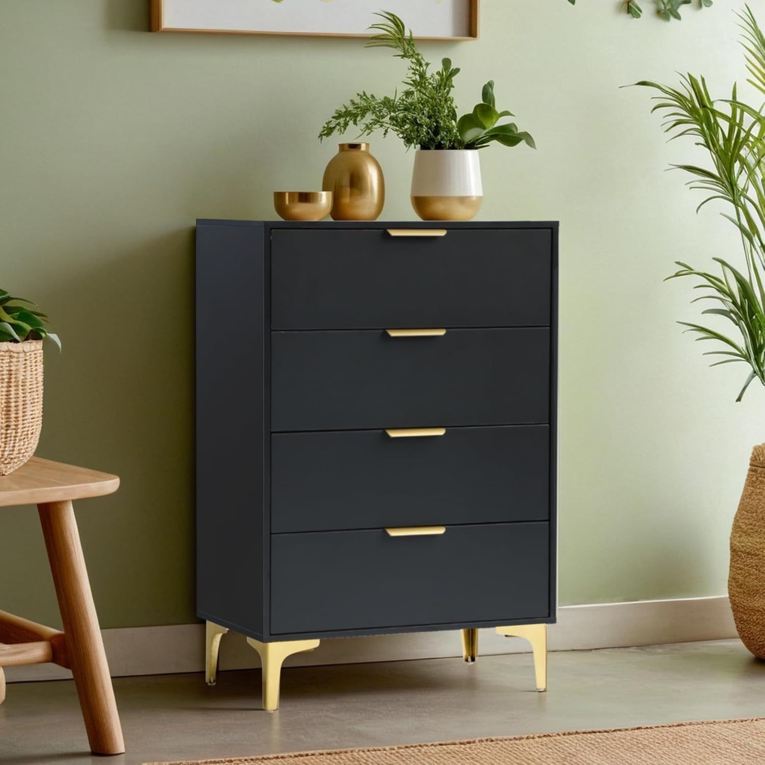 Dresser for Bedroom with 4 Drawers, Wood Chest of Drawers, Dresser Storage Cabinet, 4 Drawer Dresser for Bedroom, Living Room, Entryway, Cloakroom (Black)