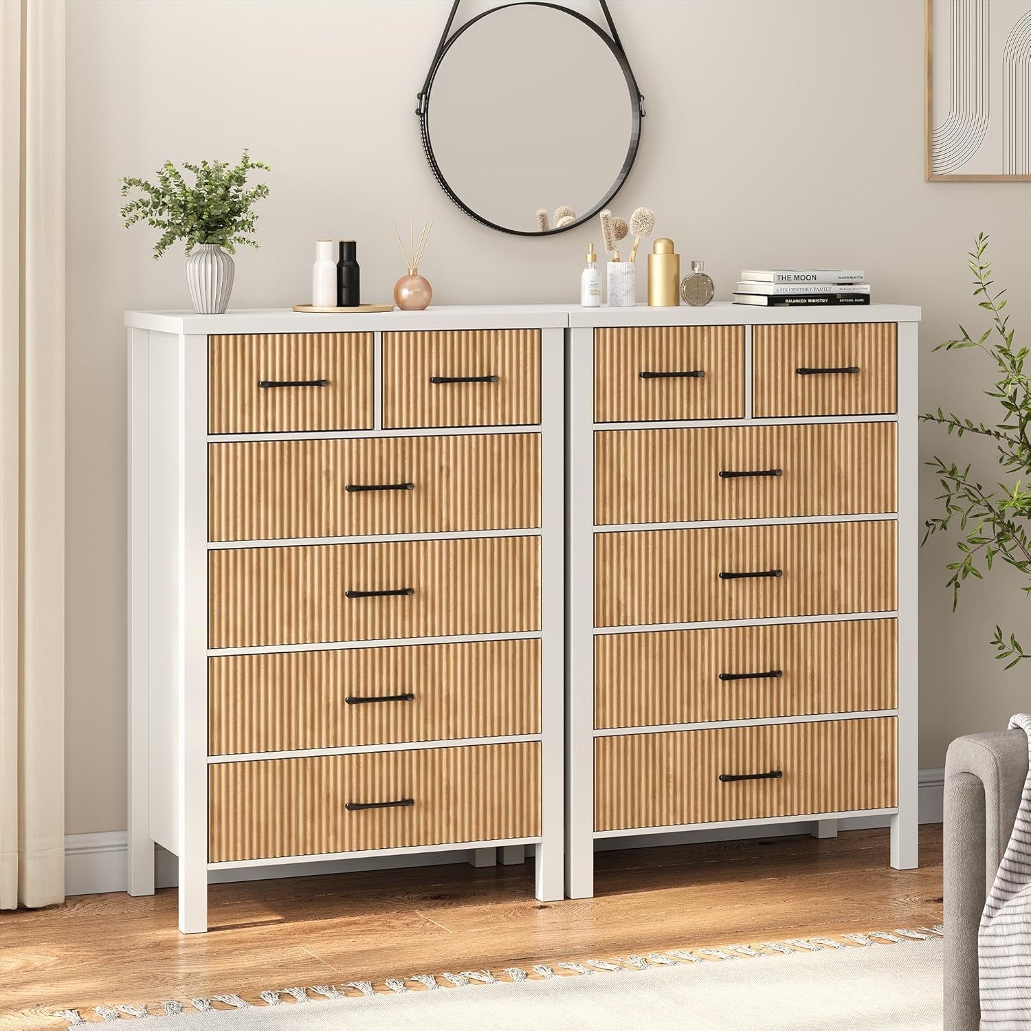 White 6 Drawer Fluted Dresser with Wood Legs