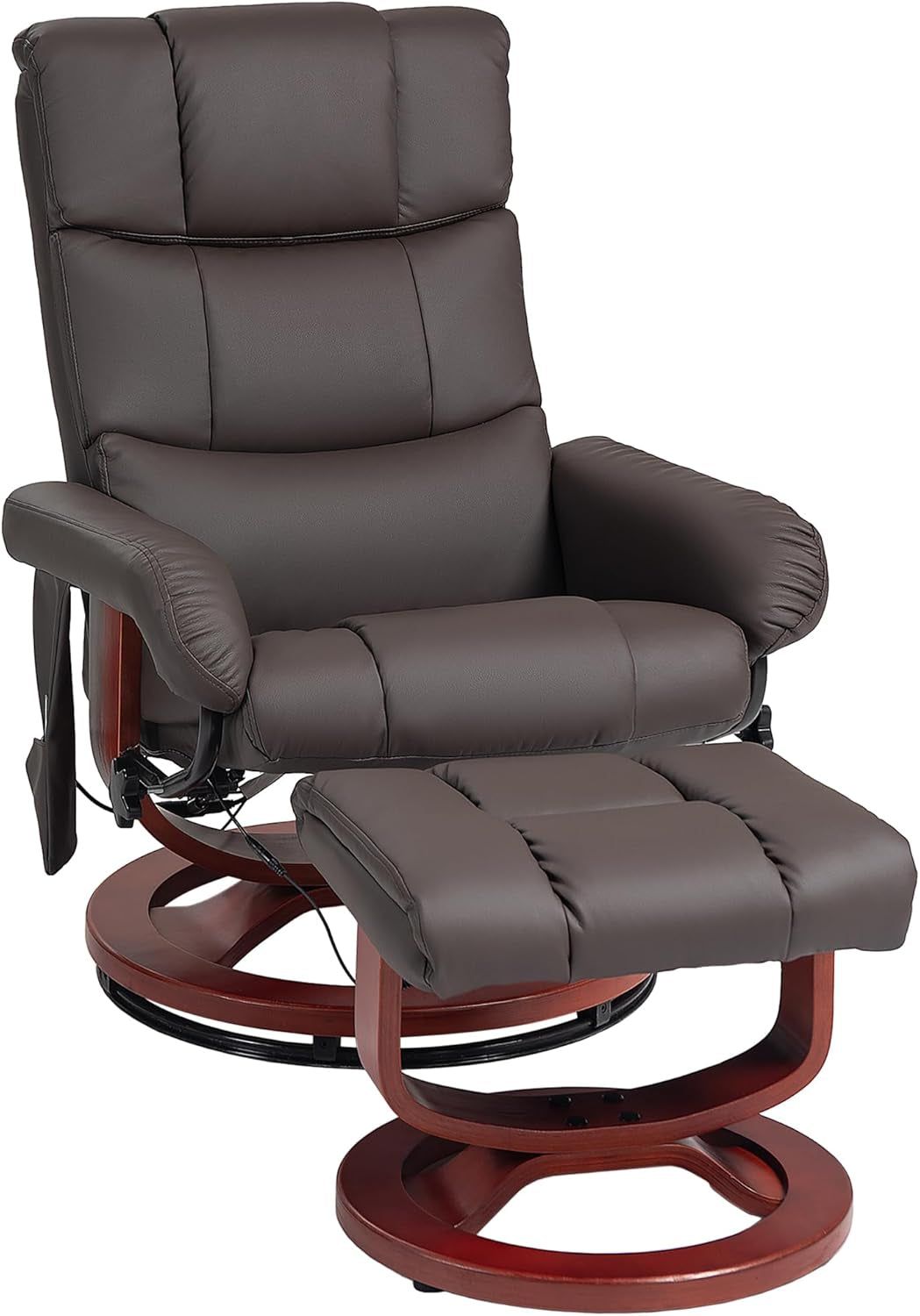 Massage Recliner Chair with Ottoman, Swivel Recliner and Footrest, Faux Leather Reclining Chair with Remote Control and Side Pocket, Brown