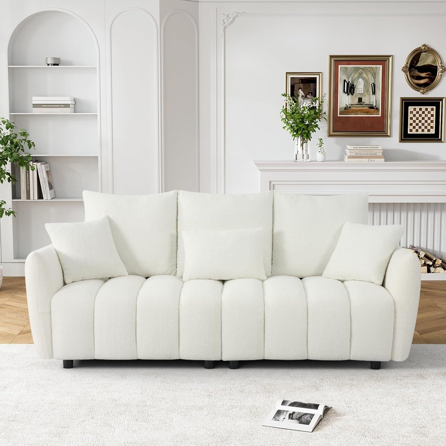 Boucle Sofa Cloud Couch, 80.2&quot; Modern Comfy Teddy Sofa Deep Seat Futon Couch with Pillows, Soft Upholstered 3 Seater Sofa Oversized Loveseat Sofas for Living Room, Apartment, Beige