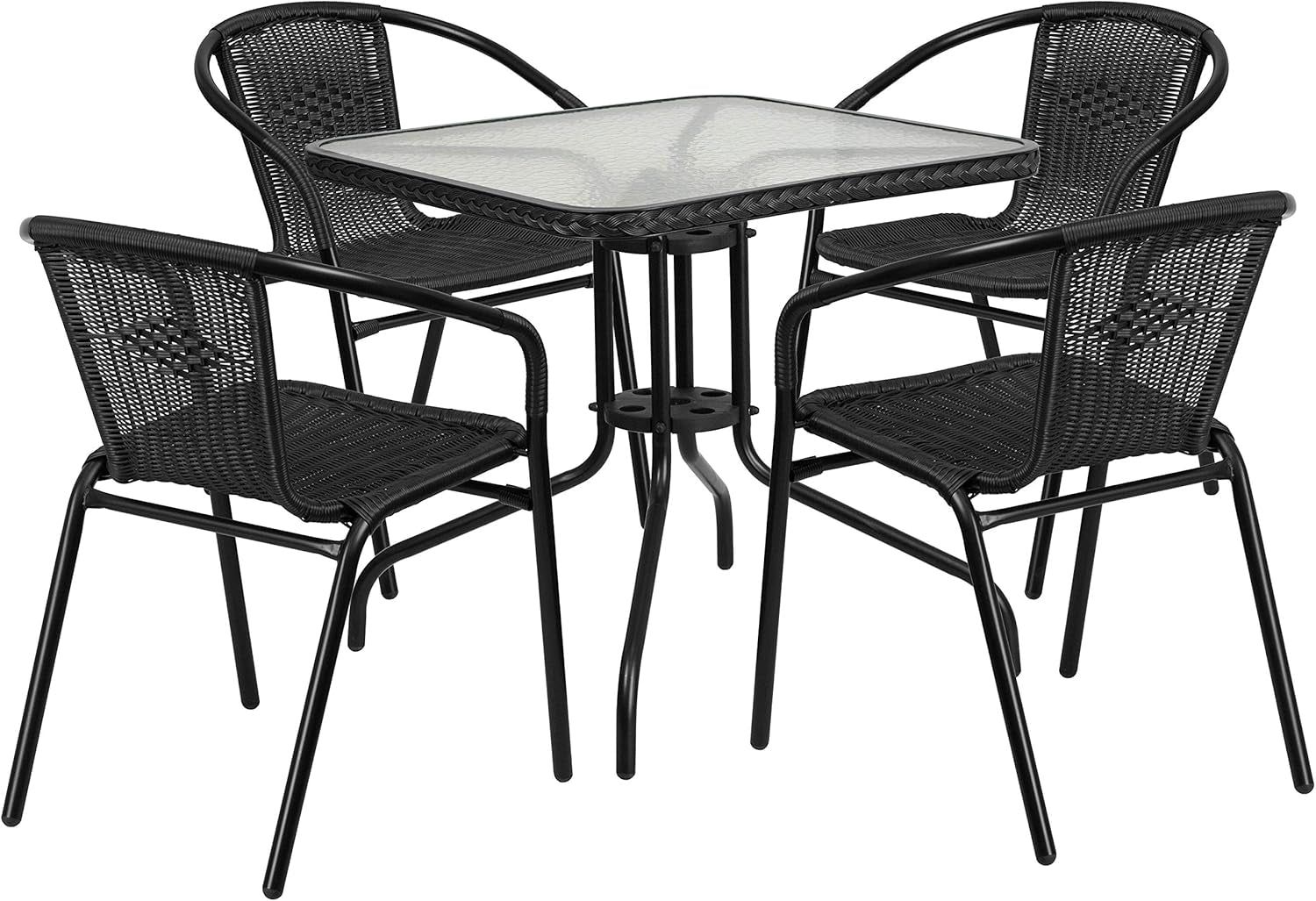 5-Piece 28&quot; Square Indoor/Outdoor Patio Table and Chairs Set, Dining Set with Glass Metal Bistro Table, 4 Stack Rattan Chairs, Black