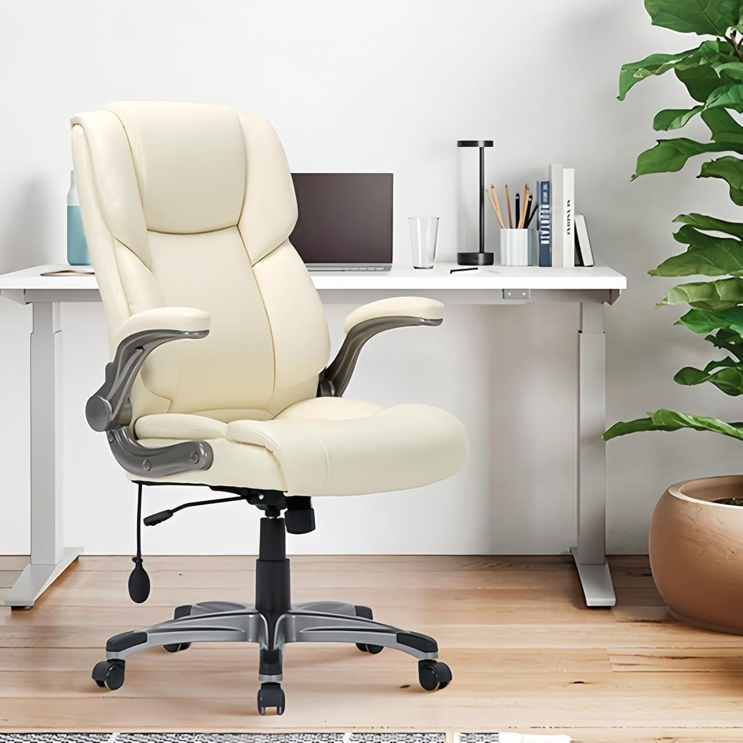 Ivory Leather Office Chairs, High Back, Flip-Up Arms, 2-Pack