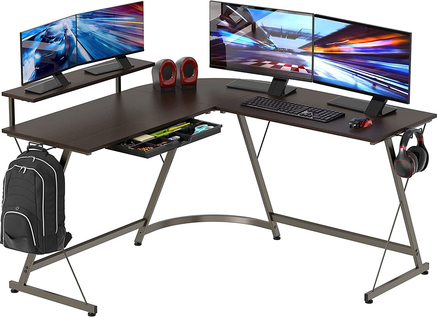 Vista L-Shape Desk with Monitor Stand, Espresso