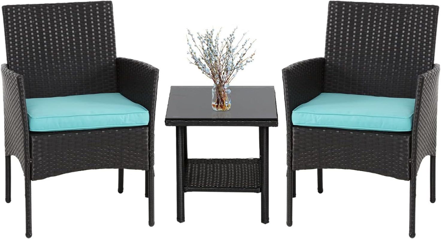 3 Piece Outdoor Furniture Set Patio Wicker Chairs Furniture Bistro Conversation Set 2 Rattan Chairs with Blue Cushions and Glass Coffee Table for Porch Lawn Garden Balcony Backyard