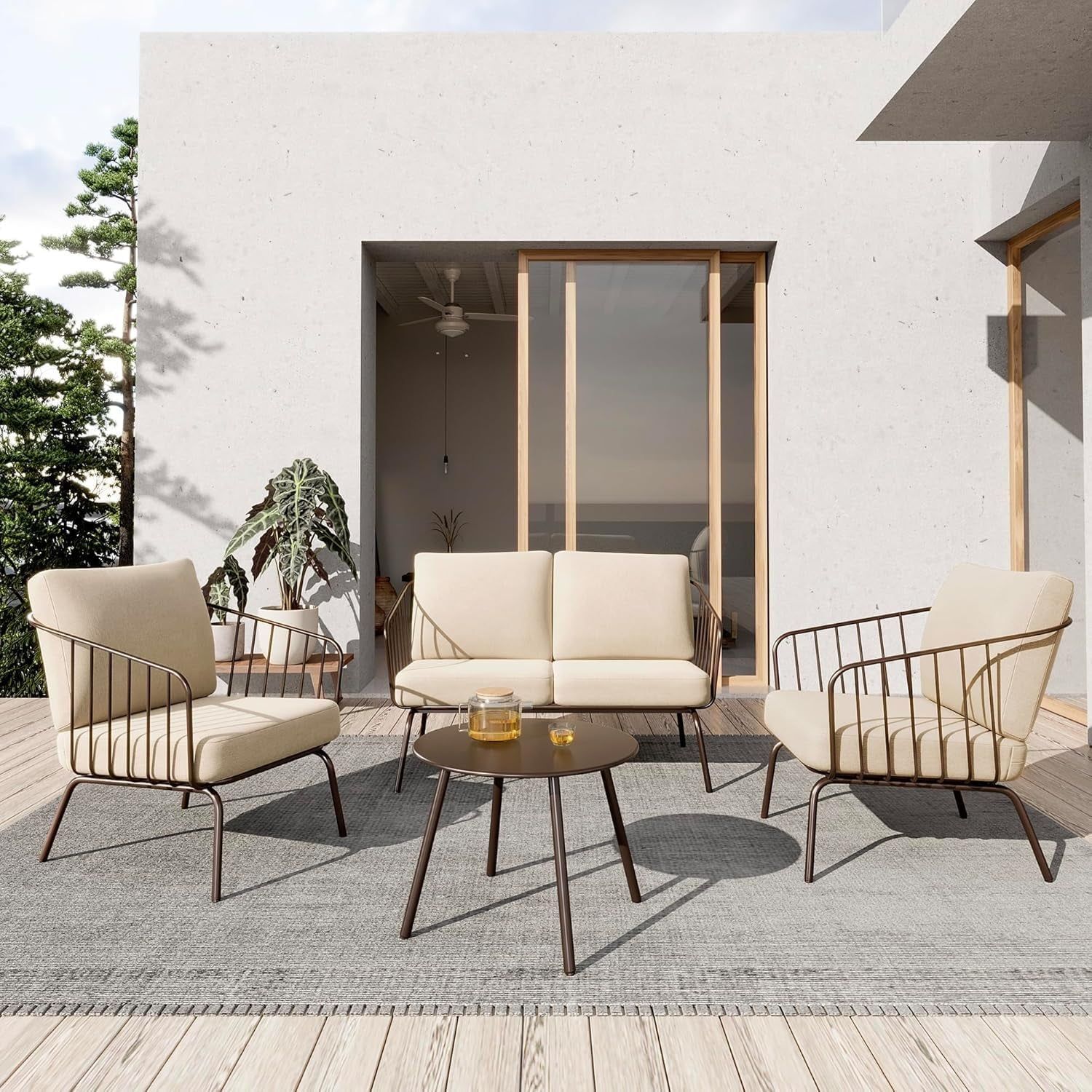 4-Piece Plaza Patio Furniture Set, Outdoor Furniture with Thick Cushion Sofa and Coffee Table, Modern Patio Conversation Set for Garden, Backyard and Porch, Brown &amp; Beige