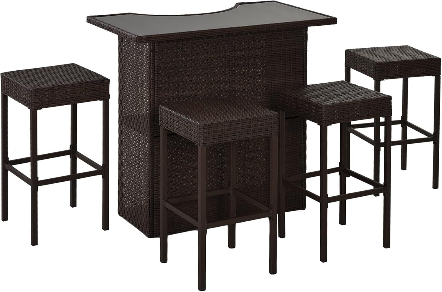 5 Pcs Rattan Wicker Bar Set, High Top Outdoor Table and Chairs, Bar Height Patio Set with Glass Table Top 2 Tier Storage Shelf, and 4 Bar Stools for Garden, Poolside, Dark Brown