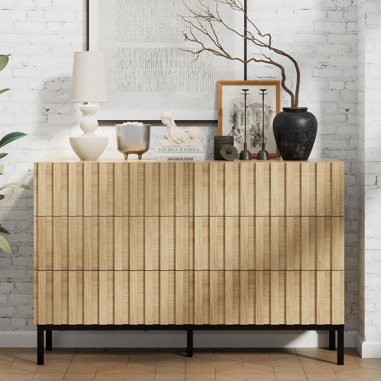Natural Wood Dresser for Bedroom,Mid Century Modern Dresser,Fluted 6 Drawer Dresser with Metal Stand,Accent Chest of Drawers for Bedroom,Living Room,Hallway