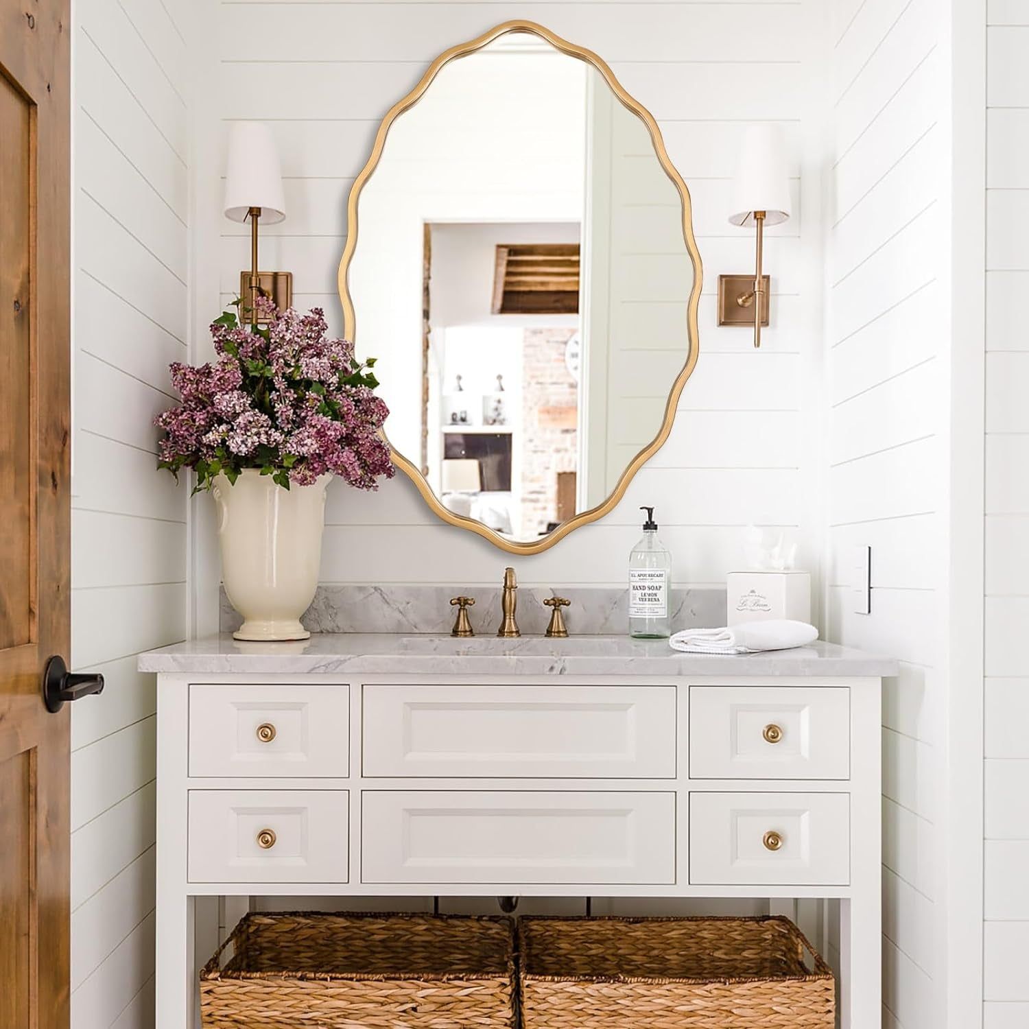 Large Modern Brushed Gold Oval Ripple Bathroom Mirror - Wall Mounted, Ideal for Washroom, Bedroom, Living Room, and Entryway - 24 x 36 Inch