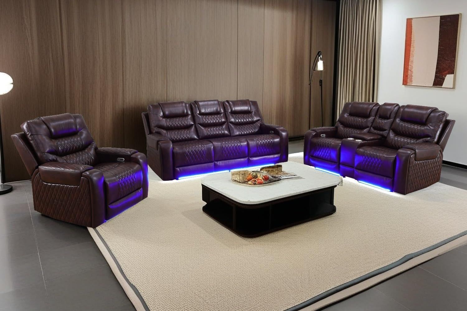 LED Power Recliner Sofa for Living Room Furniture Set, Leather Sectional Sofa Set, Reclining Sofa and Loveseat with USB Port/Storage Console/Cup Holders(Dark Brown 3-Piece Set)