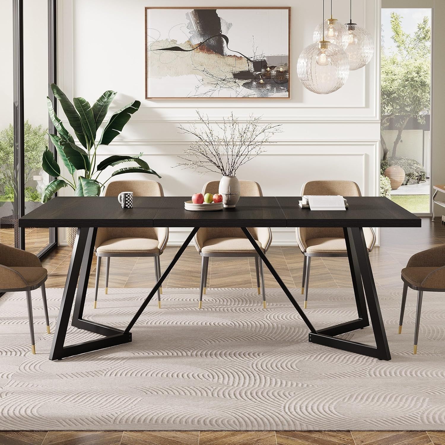 70.86-Inch Large Dining Table for 4-6, Modern Black Dining Room Table with Metal Frame, Rectangular Kitchen Dinner Table for Home Dining Room Family