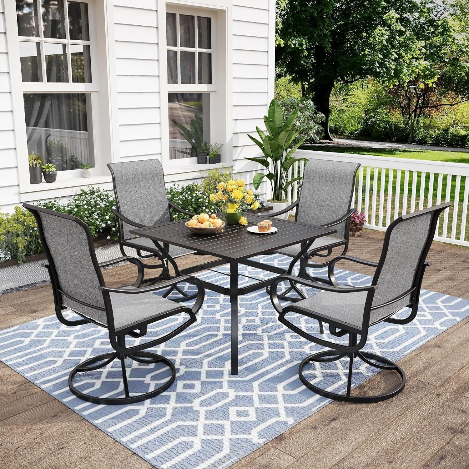 Patio Dining Set for 4, All Weather Outdoor Furniture Set with 4 Sling Swivel Chairs, 1 Square Metal Table, Light Grey Fabric