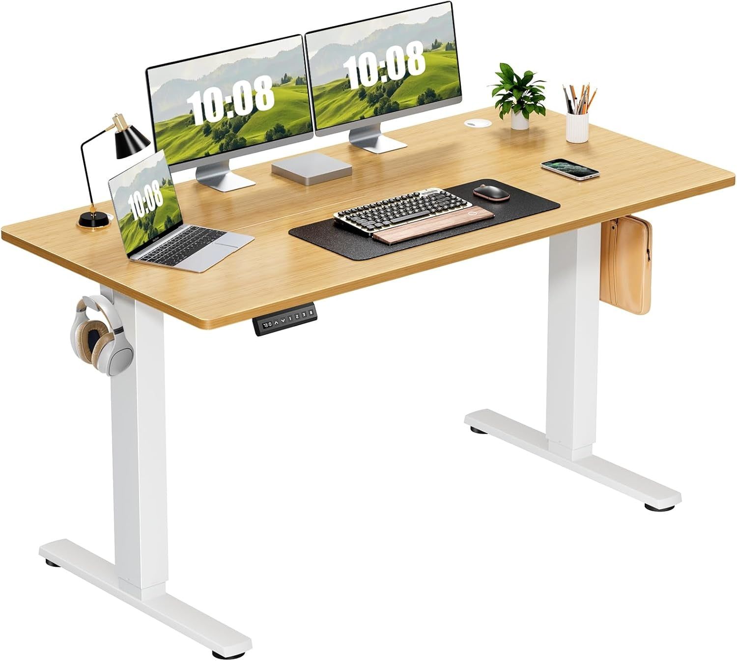 Electric Adjustable Height Standing Desk - 55 X 24 Inch Sit to Stand up Desk with Splice Board, Rising Home Office Computer Table with 2 Hook and Wire Hole for Work