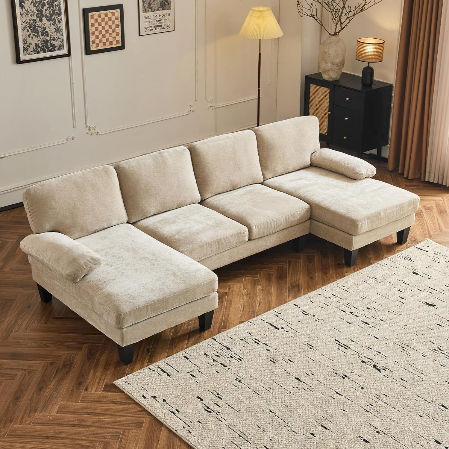 Light Khaki 110&quot; U-Shape Sectional Couch Double Chaise