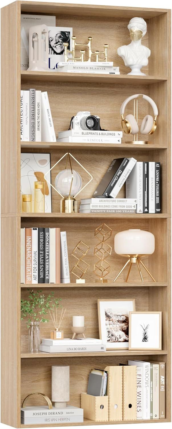 6-Tier Open Bookcase and Bookshelf, Freestanding Display Storage Shelves Tall Bookshelf Bookcase for Bedroom, Living Room and Office, Light Oak