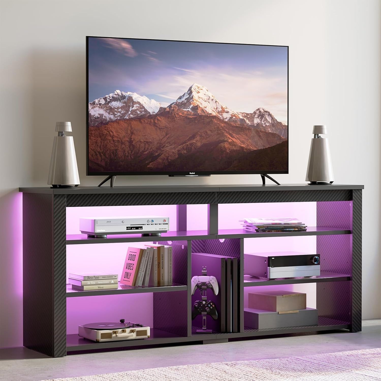 LED Tall TV Stand, Entertainment Center for 55/60/65 Inch TV, Gaming TV Console with Storage for PS5, Adjustable Shelf Modern High TV Cabinet for Living Room Bedroom, Carbon Fiber Black