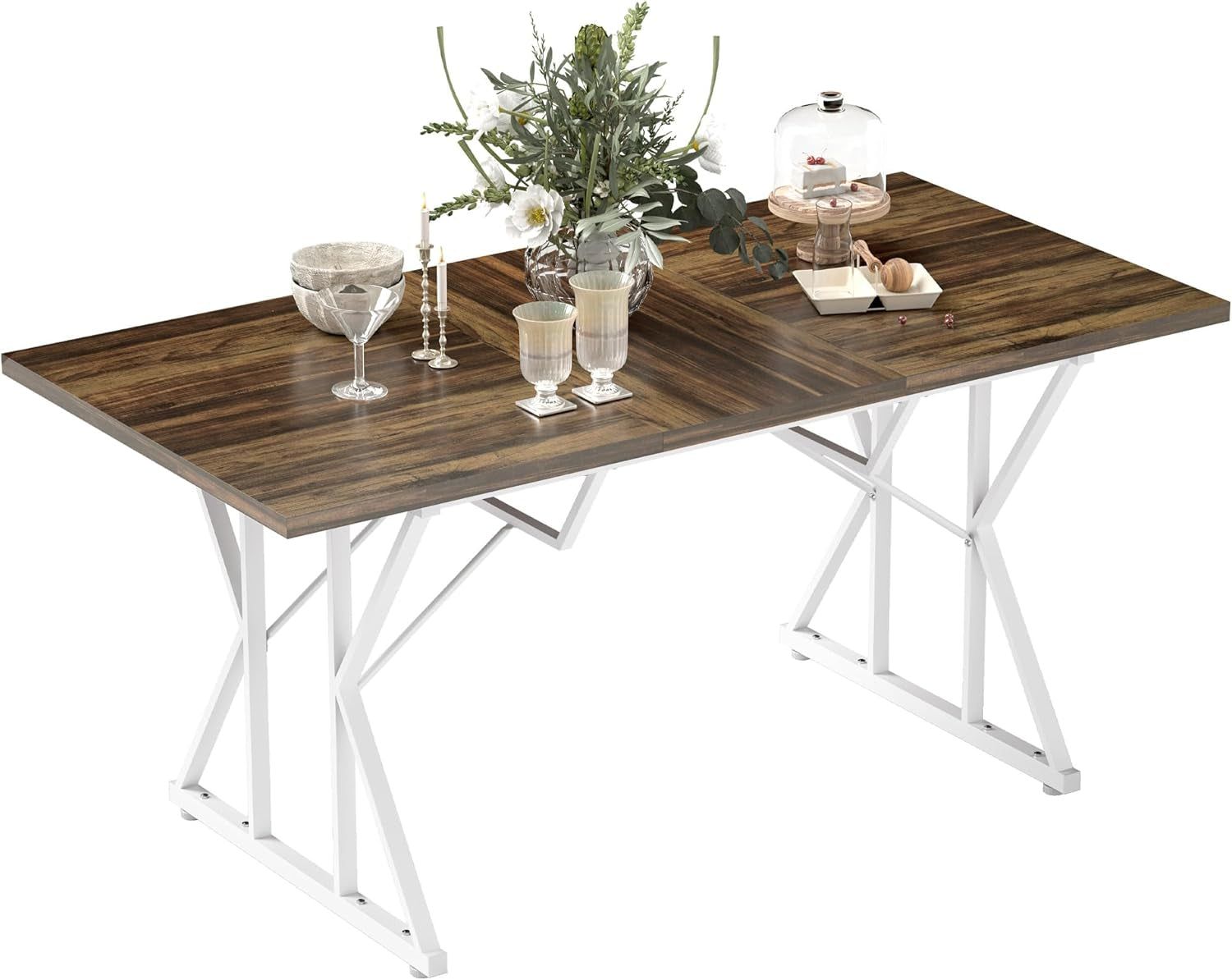 63&quot;-47&quot; Expandable Dining Table for 4-6 People, Farmhouse Extendable Dining Room Table with Heavy Duty Metal Trestle Base, Rectangle Kitchen Table, Distressed Brown