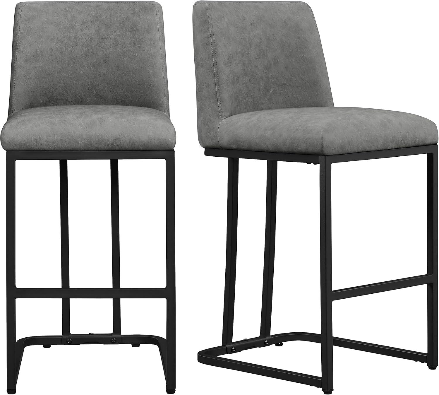 Counter Height Bar Stools 24&#39;&#39; Bar Stools Set of 2 Leather Bar Chairs Modern Upholstered Barstools with Back for Kitchen Counter Gray
