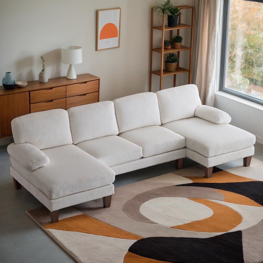 Beige 111&quot; U-Shape Corduroy Sectional Sofa with Chaises