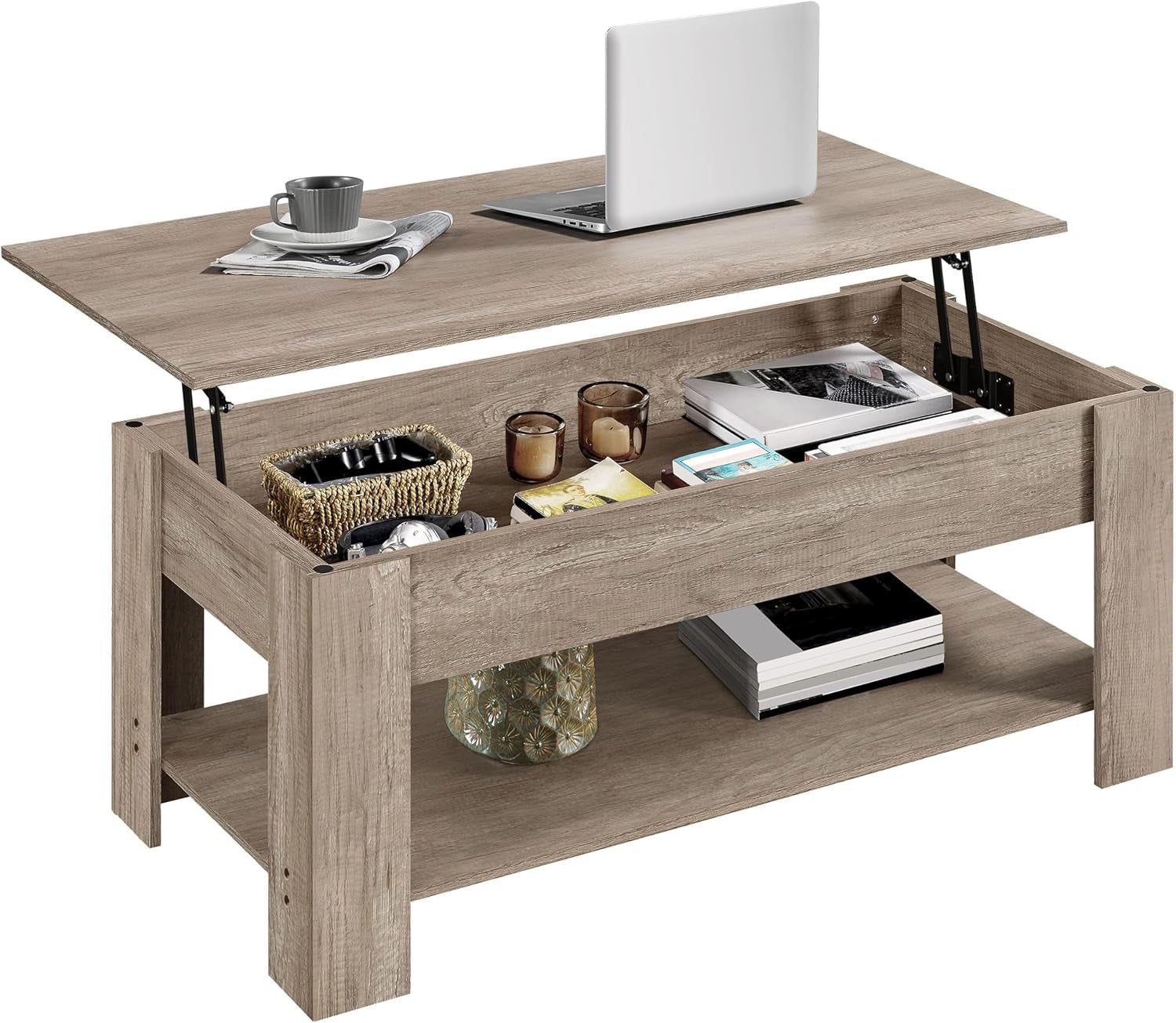 Lift Top Coffee Table with Hidden Compartment and Storage Shelf, Rising Tabletop Dining Table for Living Room Reception Room, 38.6In L, Grey