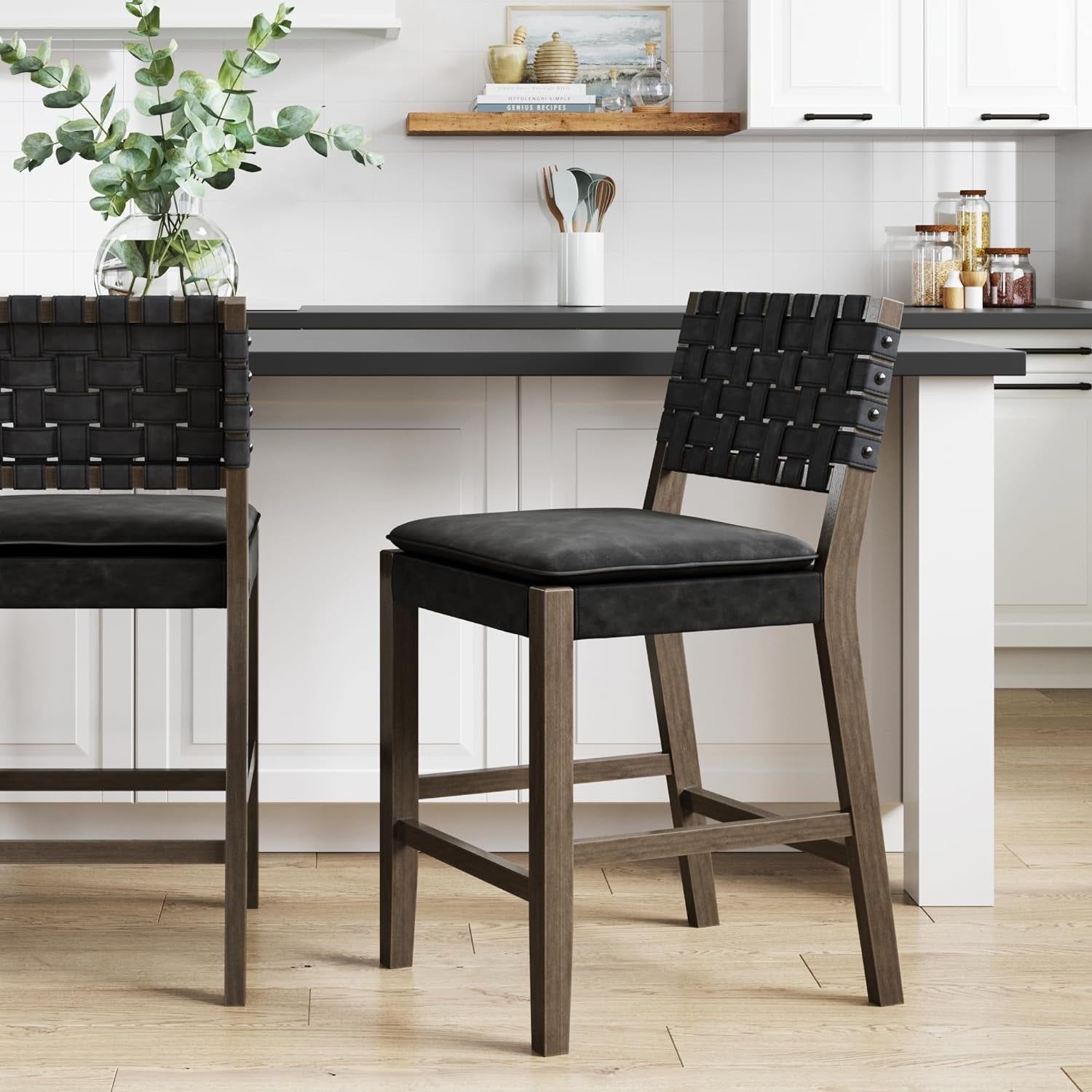 Cohen Mid-Century Modern Leather Bar Stool, Counter Height Chair in Solid Wood Frame with Footrest and Woven Leather Back for Kitchen, Black
