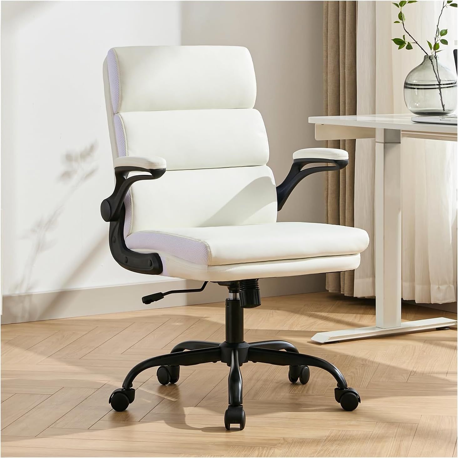 Office Chair Adjustable Desk Chair Mid Back Executive Comfortable Bonded Leather Ergonomic Back Support Home Computer Chair with Padded Flip-Up Armrest Swivel Wheels (White)