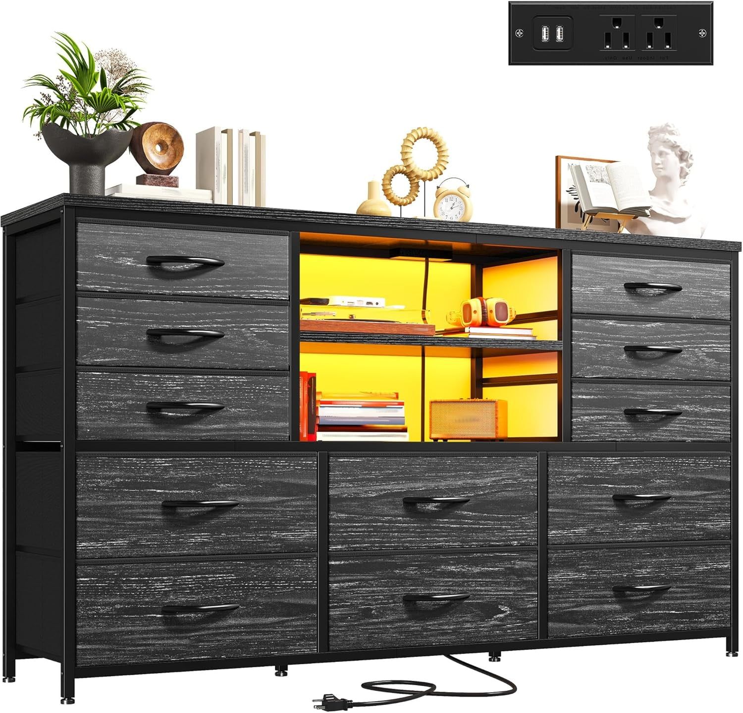 Black Dresser with LED Lights &amp; Power Outlets, 12 Drawers Dresser TV Stand for 60&#39;&#39;TV for Bedroom Dresser Fabric Dressers &amp; Chest of Drawers, Sturdy Long Dresser for Closet Living Room,Hallway