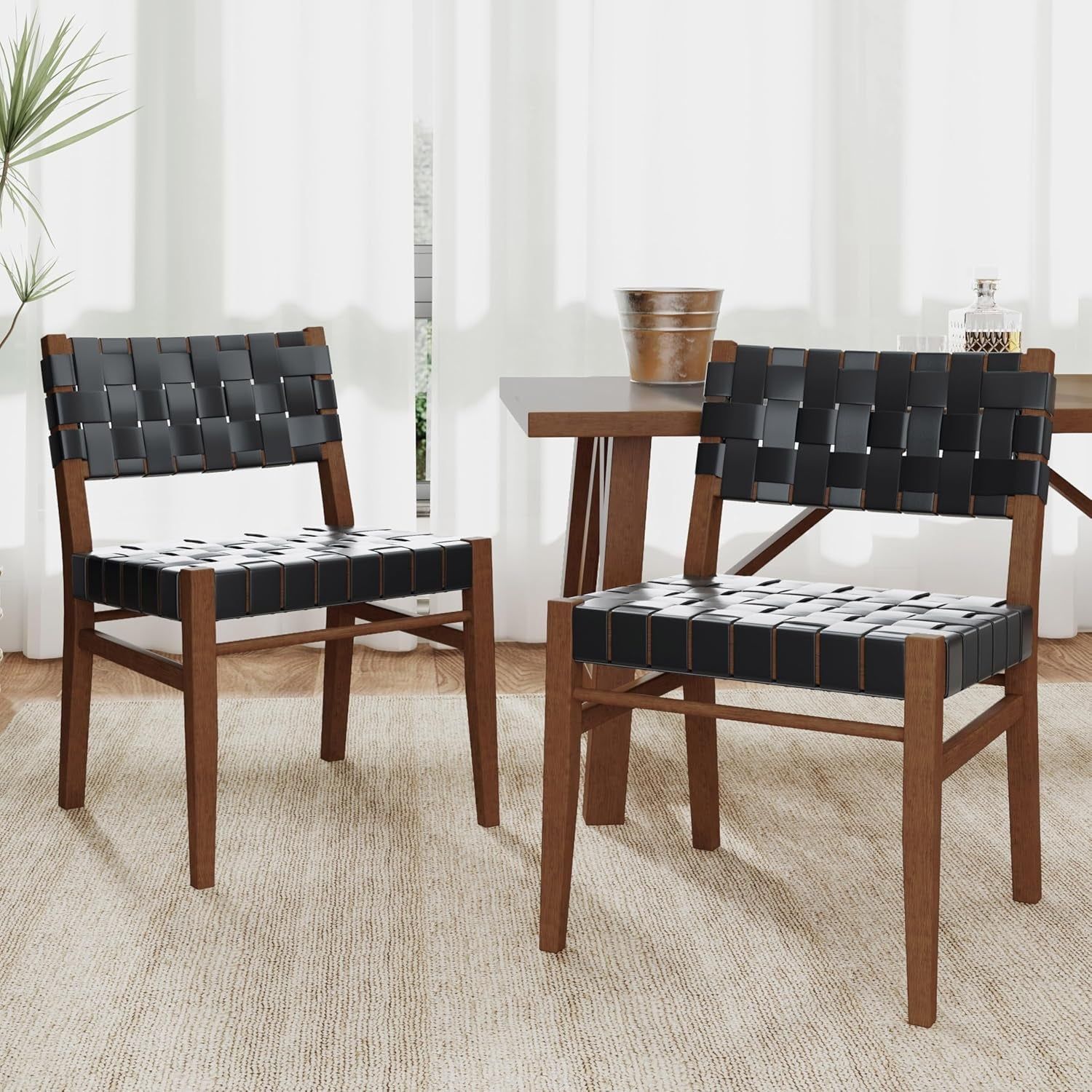 Set of 2 Indoor Rubberwood Frame Armless Dining Chairs, Seating and Backrest with Rope Weave by Pu/Faux Leather, for Dining Room Kitchen, Restaurant, Party, Walnut and Black