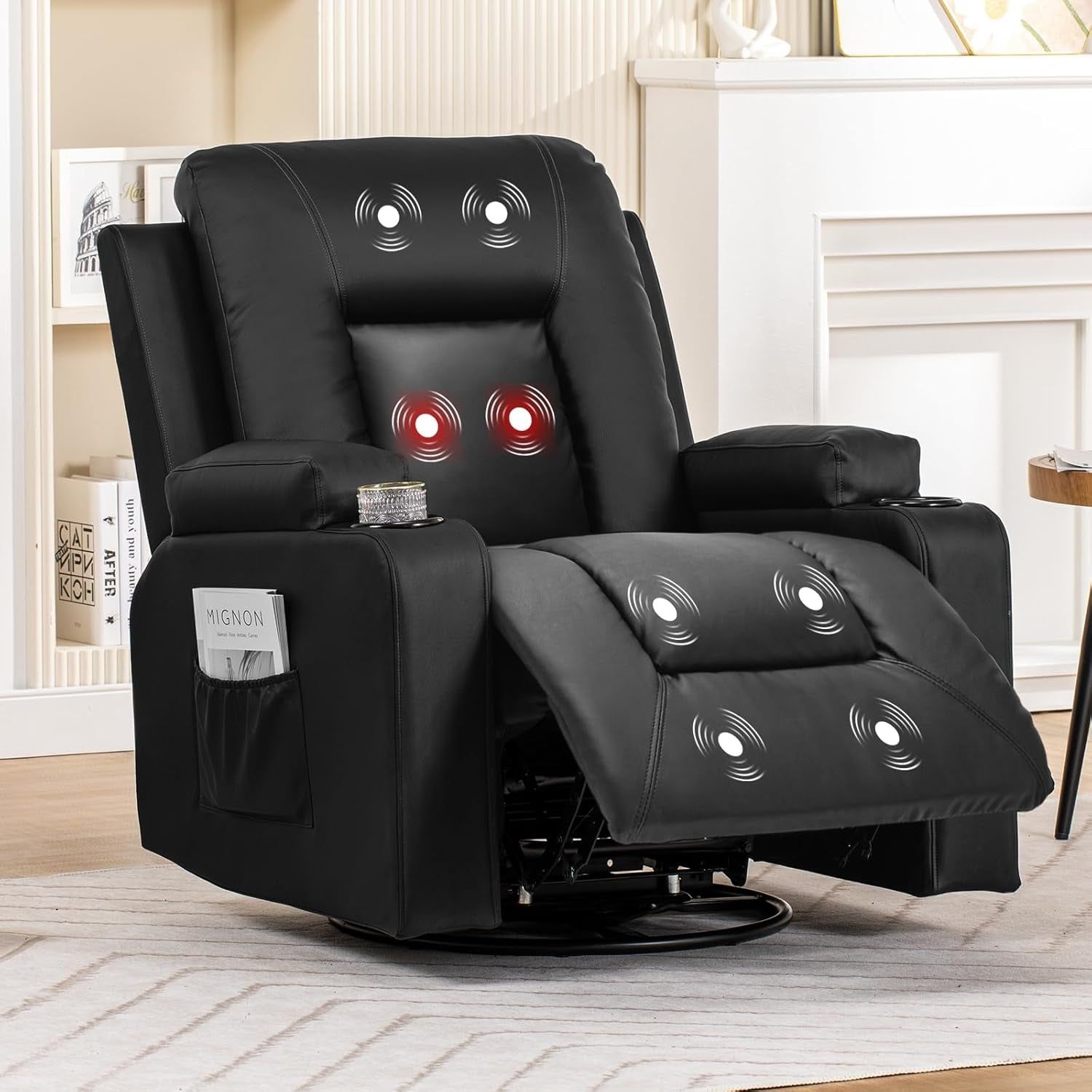 Recliner Chair, Swivel Rocker Recliners, Massage and Heat Reclining Chair, Reclining Sofa with Side Pockets, Cup Holders for Living Room, Bedroom (Black)