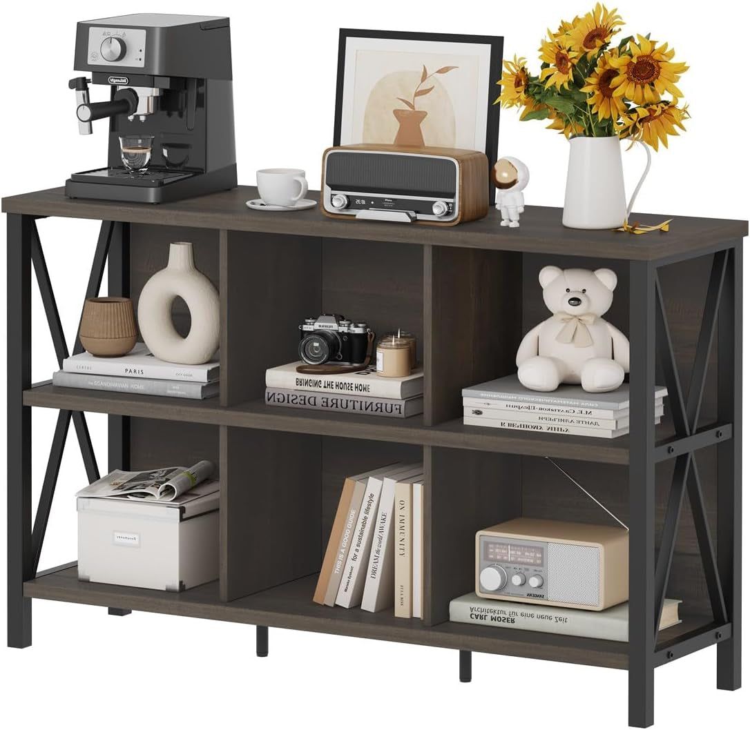 Rustic 6 Cube Storage Organizer with Shelf, Wood and Metal Cubby Bookcase, Industrial Horizontal Bookshelf for Living Room, Office (Walnut Brown, 47 Inch)
