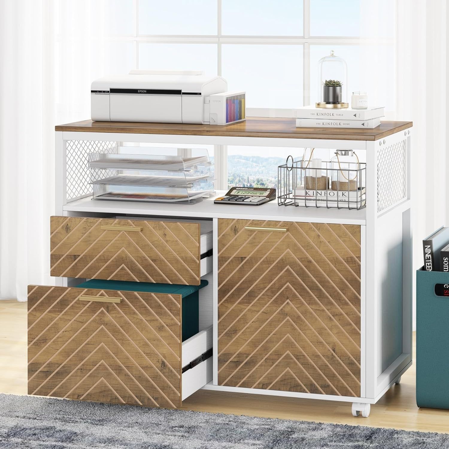 Modern File Cabinet with Drawers for Letter-Sized File and Door, Lateral Filing Cabinet Printer Stand with Storage Shelves and with Rolling Caster for Home Office