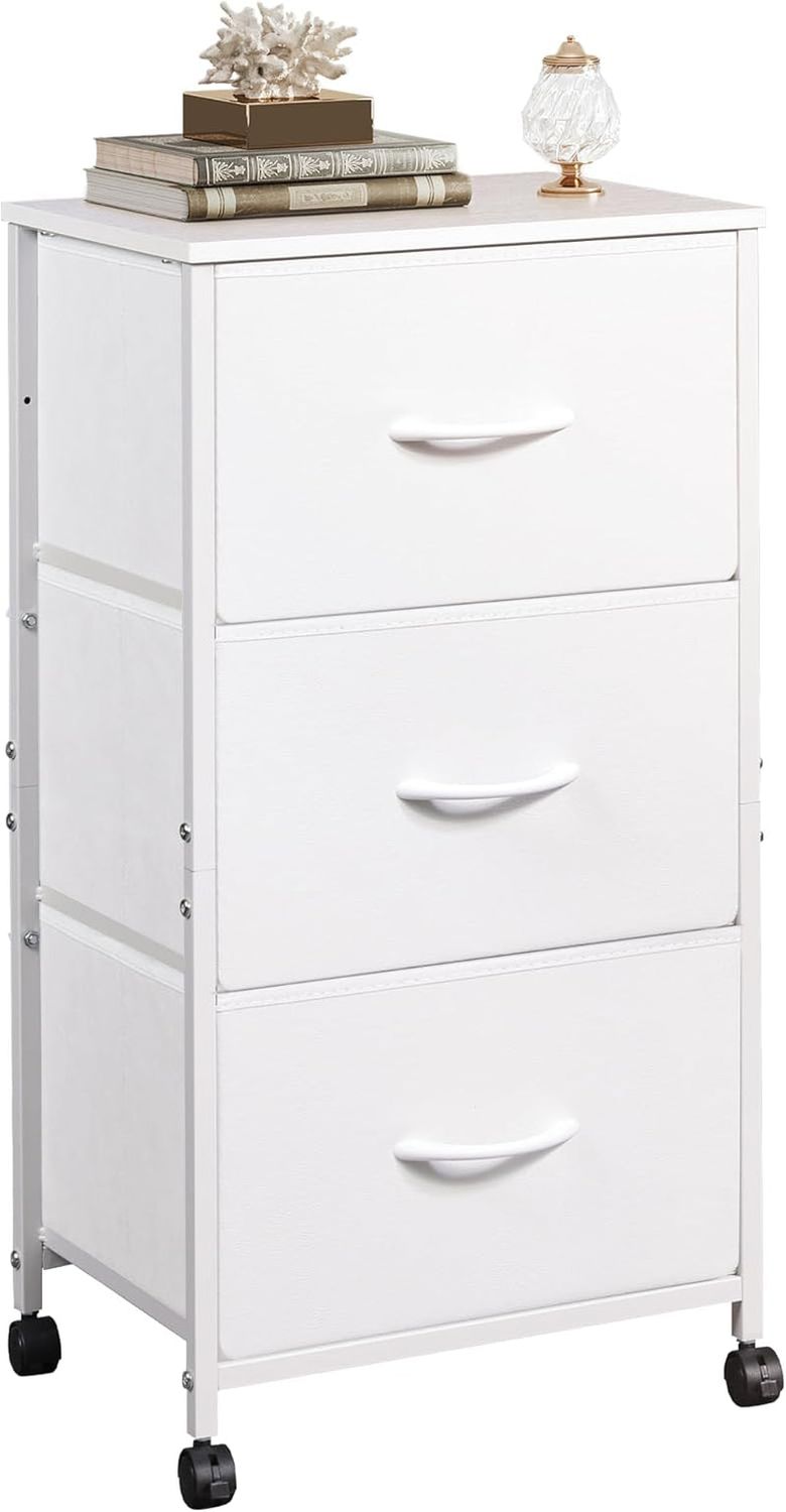 Dresser with 3 Drawers, Fabric Nightstand, Cabinet with Wheels, Organizer Storage Dresser for Bedroom, Office, Entryway, Closets, Sturdy Steel Frame, Wood Top, Easy Pull Handle, White