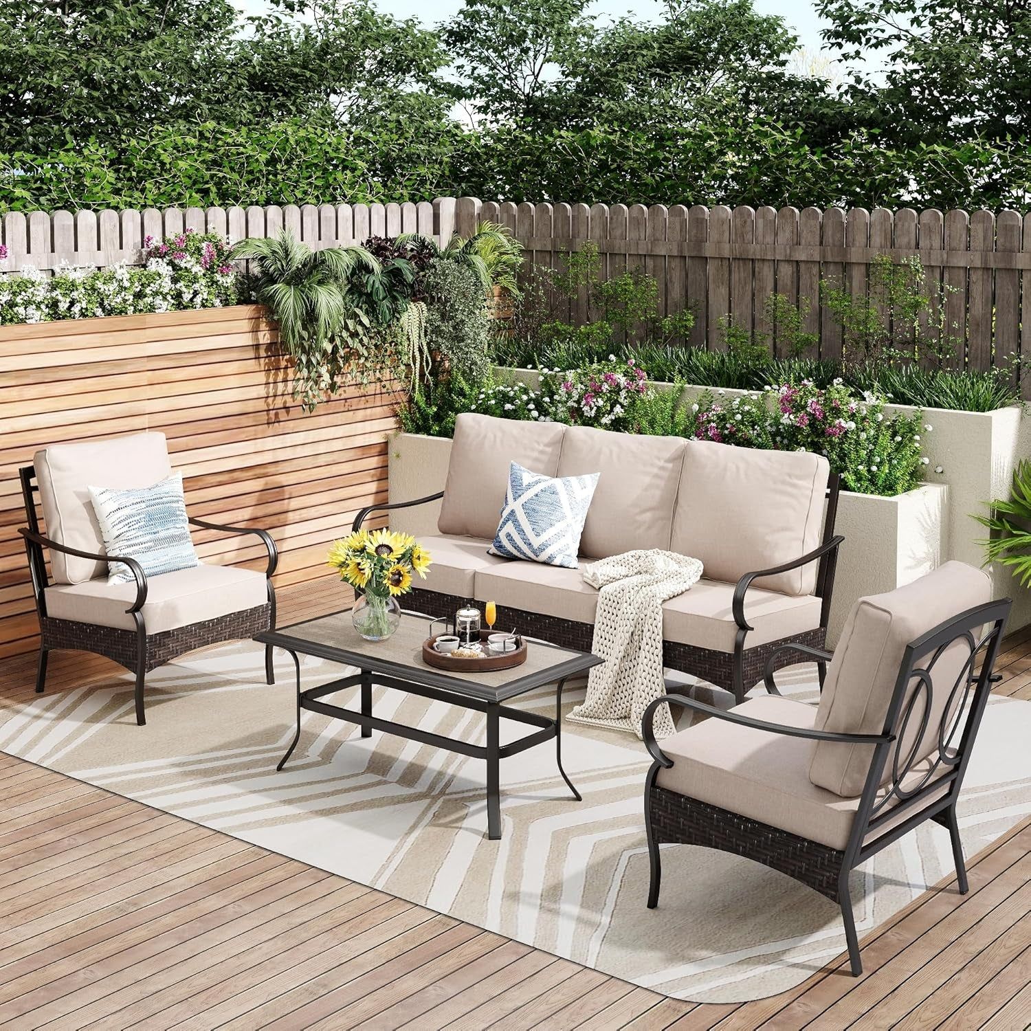 Outdoor Modern Patio Furniture Set, Upgraded Wicker&amp;Metal Patio Furniture Conversation Set with Waterproof Thick Cushions for Porch, Poolside, Deck, and Yard (4 Pieces,Beige)