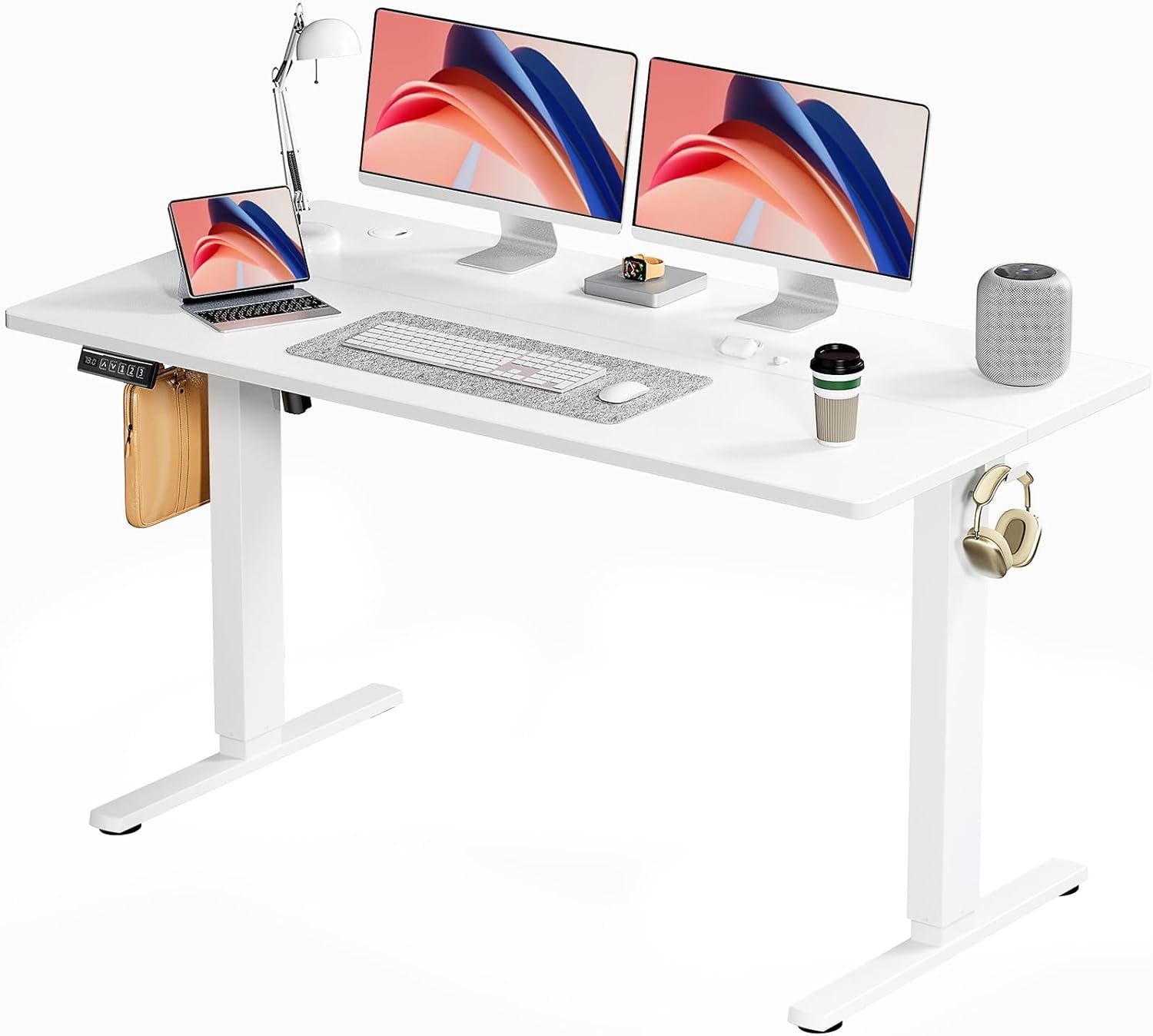 Standing Desk, Adjustable Height Electric Sit Stand up down Computer Table, 55X24 Inch Ergonomic Rising Modern Lift Motorized Gaming Desktop Workstation for Work Home Office - White