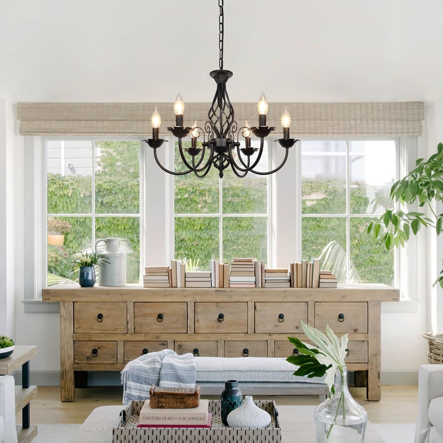 6-Light Farmhouse Candle Chandelier for Living Room, Rustic Industrial Pendant Ceiling Light Fixture, Vintage Hanging Lamp for Bedroom Hallway Kitchen Dining Room Foyer, Matte Black E12 Socket