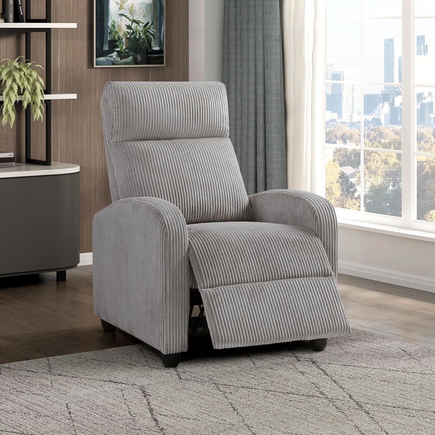 Pushback Recliner Chair Armchair Push Back Recliner, Corduroy Chair with Solid Wood Frame and Metal Seat Base, Single Sofa Accent Chair for Living Room/Office/Apartment, Light Grey