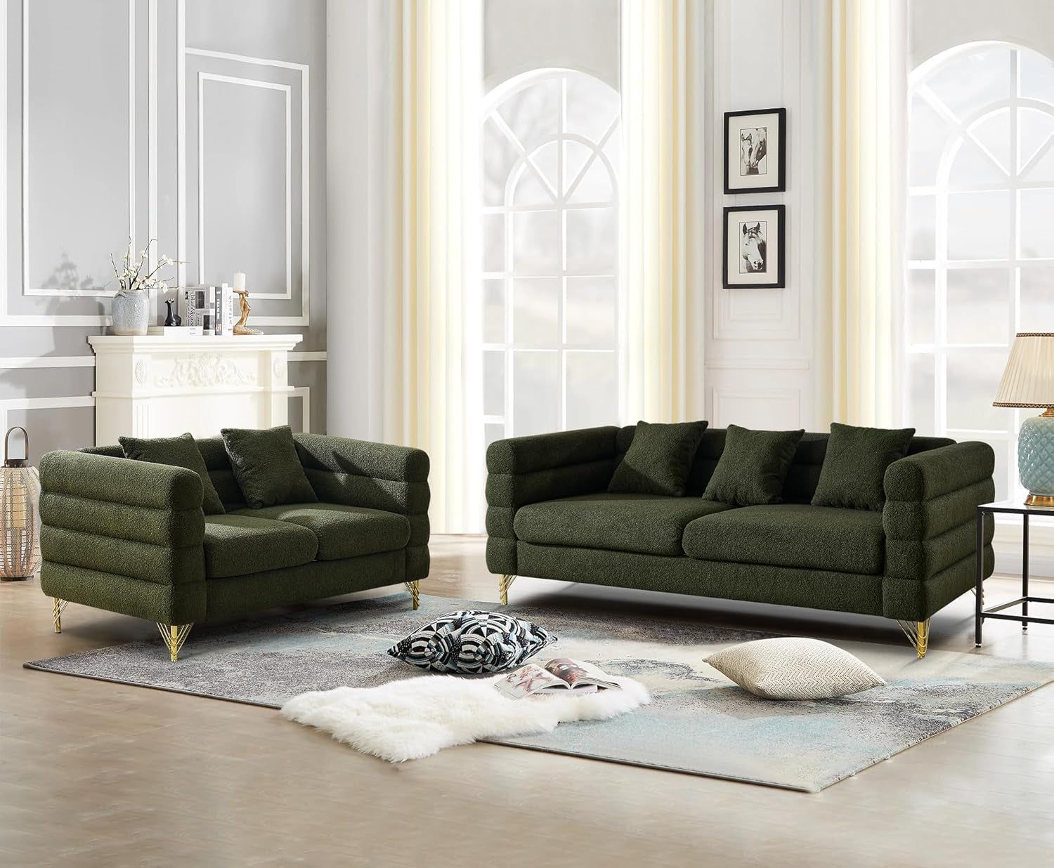 2 Piece Living Room Sofa Set, Comfy Boucle Couch with Loveseat and 3 Seater, Upholstered Sofa Couch with 2 Pillows and Deep Seat Design for Office, Waiting Room, Green Teddy