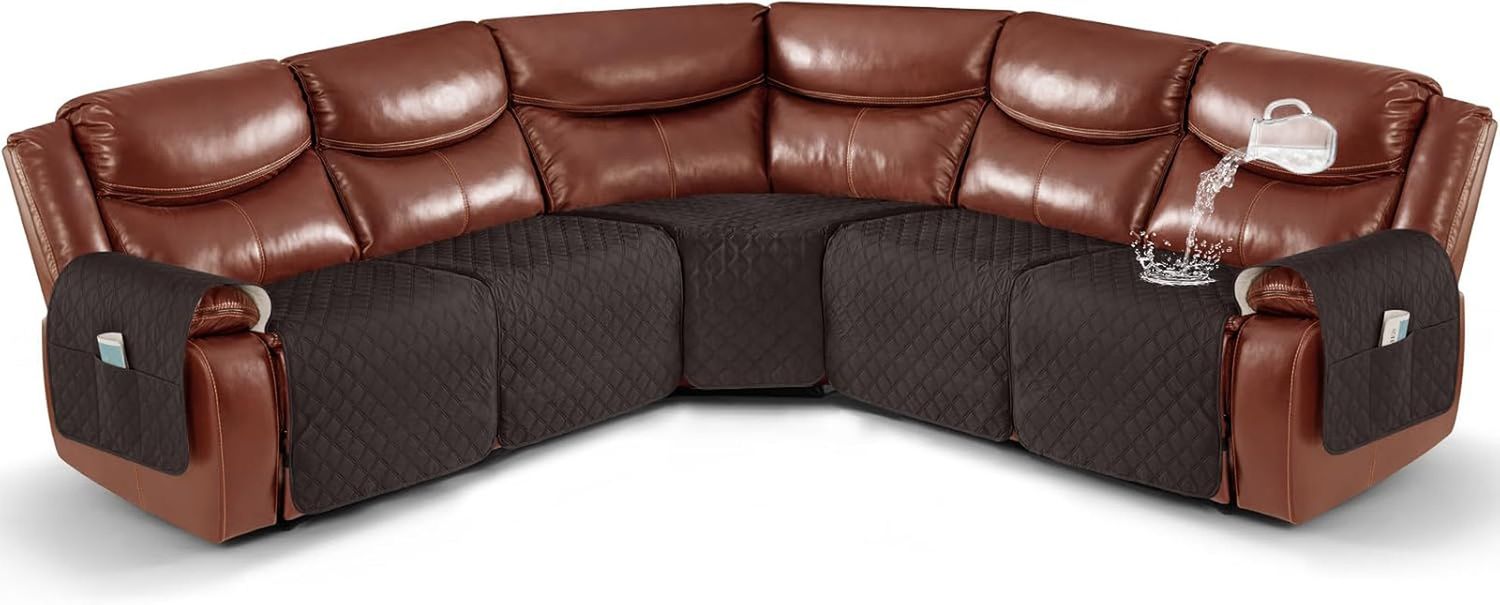 Extra Large Recliner Sectional Couch Covers Waterproof Couch Cover for Reclining L Shape Sofa 5 Seat Reclining Sectional Couch Covers with Pockets (L Shape 5 Seat Recliner Cover, Chocolate)
