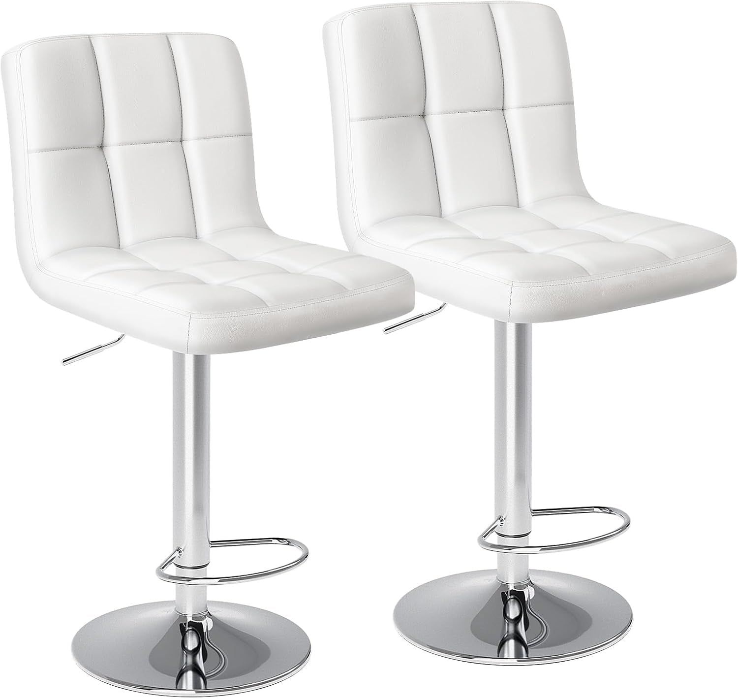 Bar Stools Set of 2, Armless Adjustable Swivel Barstools, PU Leather Hydraulic Kitchen Counter Height Bar Stools, Thickened Seat Cushion Square Island Barstools with Back, Light White