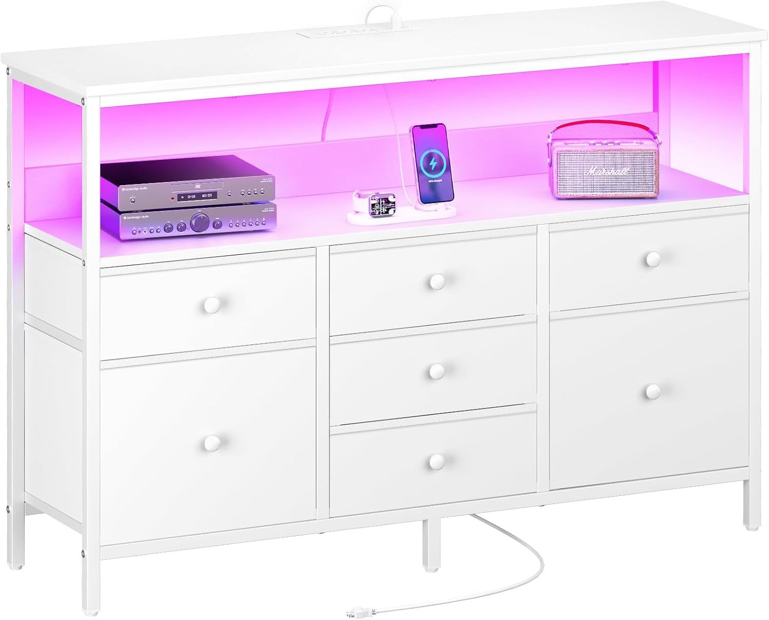 TV Stand Dresser for Bedroom, 7 Fabric Drawers Entertainment Center, LED Dressers with Power Outlets, TV Stands for Living Room with Storage Shelf, TV Console Entertainment Stand up to 50&quot; TV