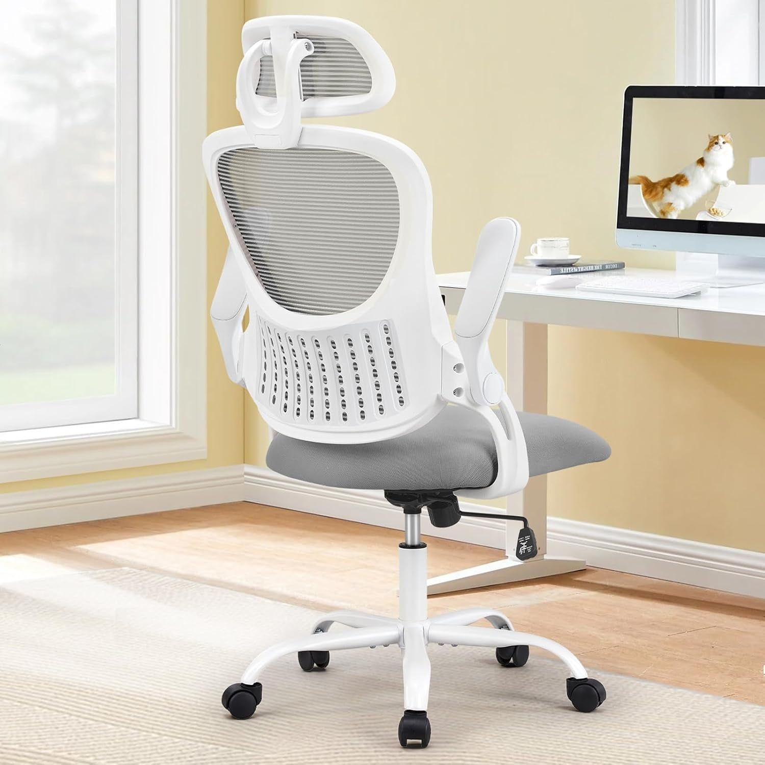 Office Computer Desk Chair, Ergonomic High-Back Mesh Rolling Work Chairs with Wheels and Adjustable Headrests, Comfortable Lumbar Support, Comfy Flip-Up Arms for Home,Bedroom,Study, Grey