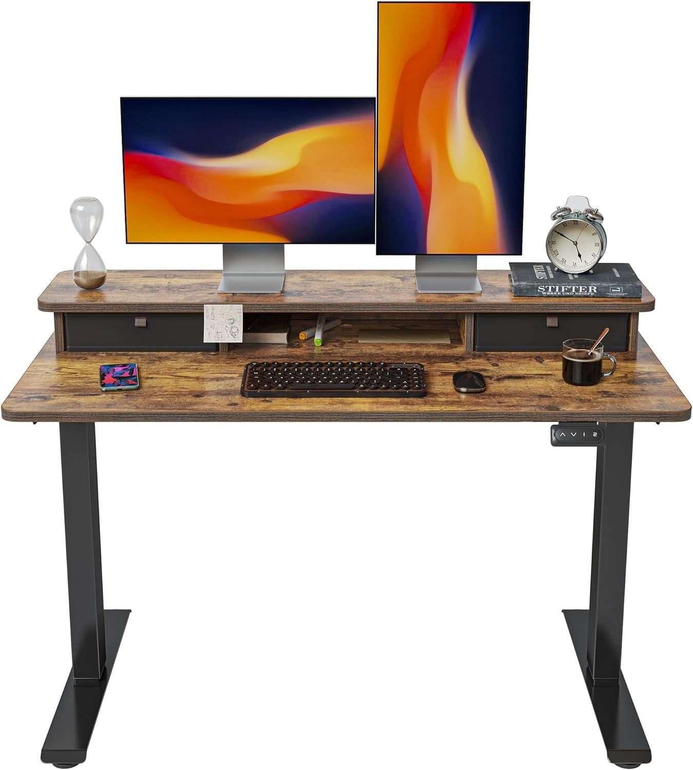 48 X 24 Inch Height Adjustable Electric Standing Desk with Double Drawer, Stand up Desk with Storage Shelf, Sit Stand Desk, Vintage Brown