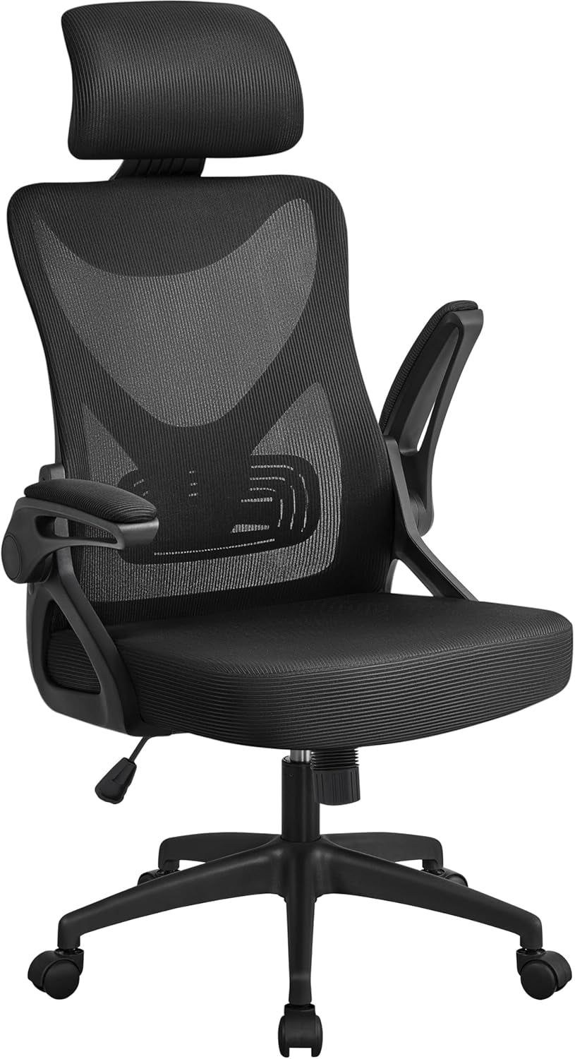 Ergonomic Office Chair, High Back Desk Chair with Flip-Up Armrest and Headrest, Mesh Computer Chair with Lumbar Support for Home Office Meeting Room Study, Black