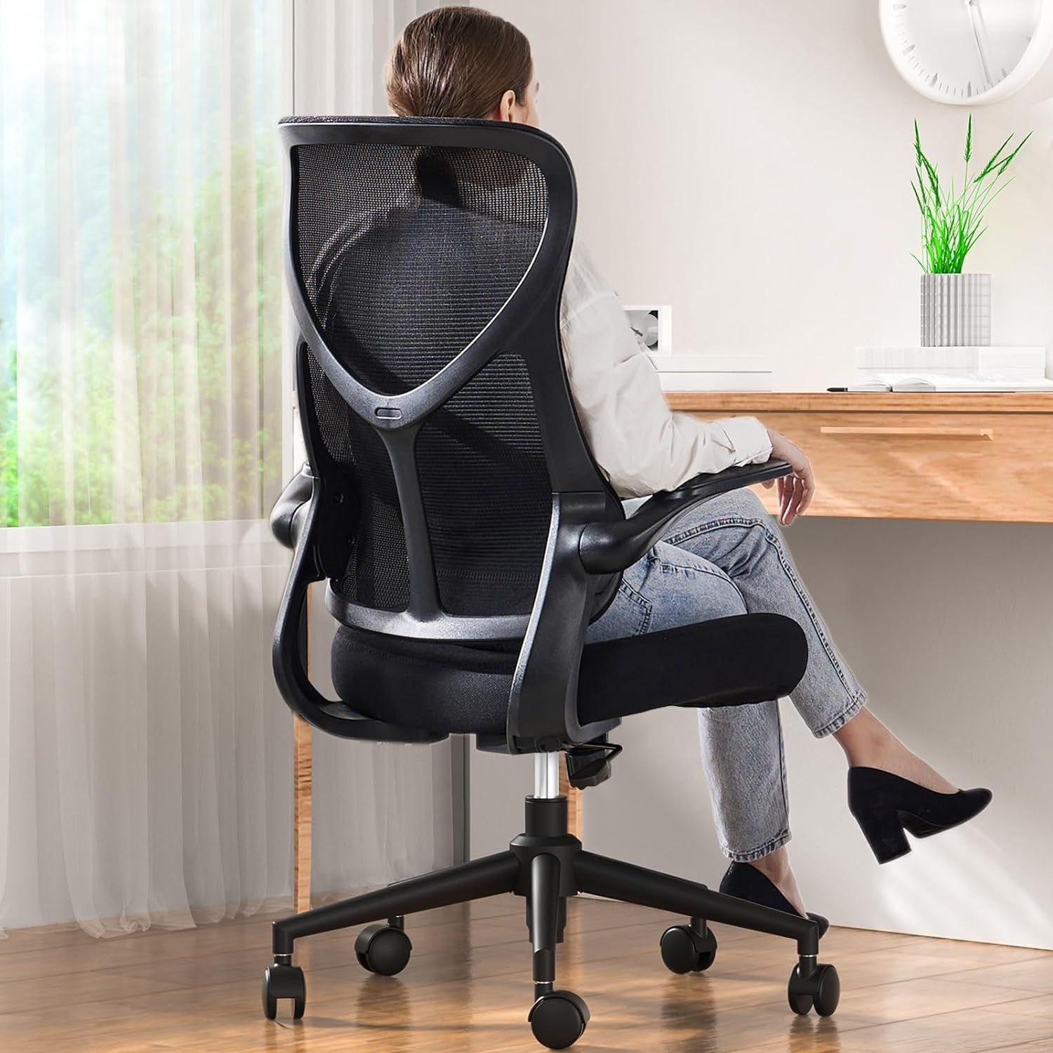 Ergonomic Office Desk Computer Chair, Comfy High Back Swivel Rolling Home Mesh Gaming Chairs with Wheels, Lumbar Support, Flip-Up Arms,120°Tilt for Bedroom, Study, Work, Black