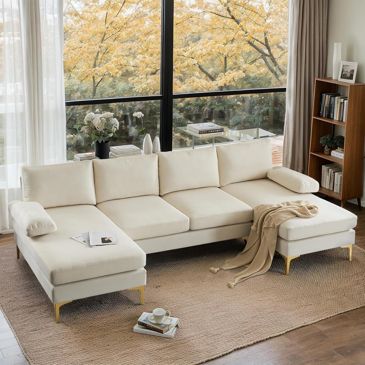 110&quot; Modern U Shaped Sectional Couch with 51&quot;D Double Chaise for Living Room, Beige Deep Seat Sectional Sofa Sets with 5.9&quot; Thickness Seating Padding for Home Furniture,Linen Fabric,Metal Legs