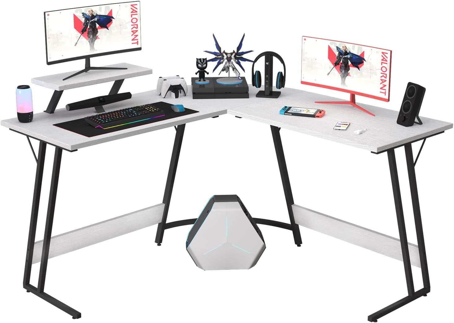 L Shaped Gaming Desk Computer Corner Desk PC Gaming Desk Table with Large Monitor Riser Stand for Home Office Sturdy Writing Workstation (Classical White, 51 Inch)