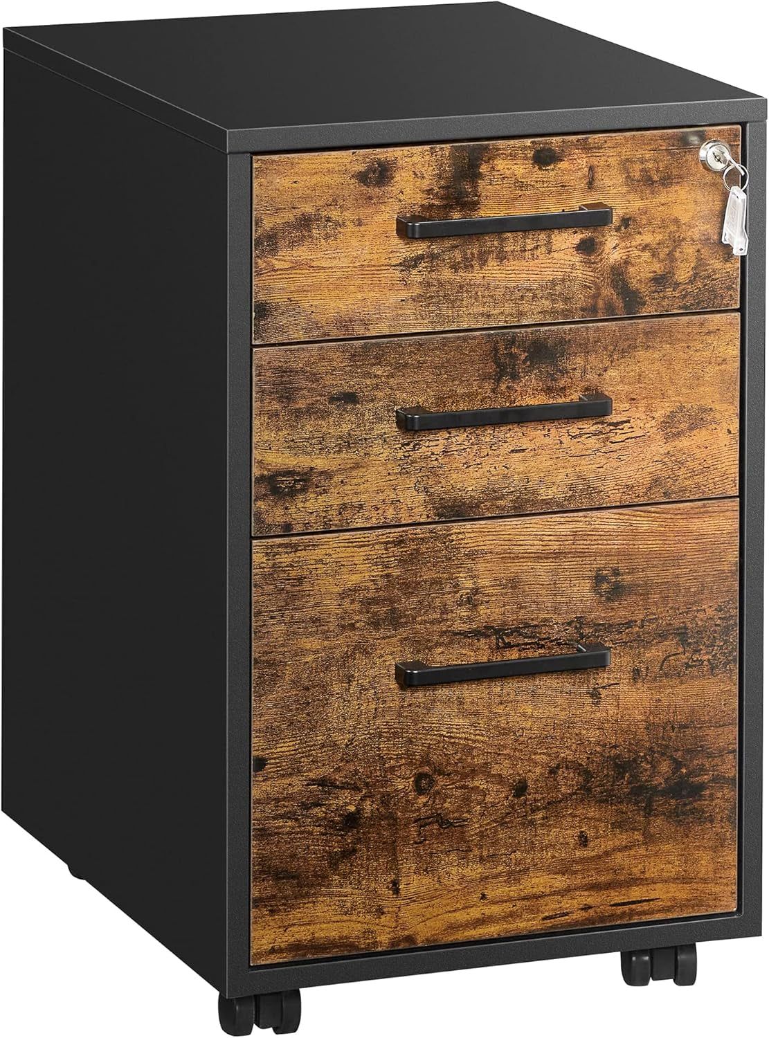 File Cabinet, Pre-Assembled except Wheels and Handles, Office Filing Cabinet with Lock, for A4, Legal, Letter Sized Documents, 17.7 X 14.4 X 23.6 Inches, Rustic Brown and Black UOFC110B01V1