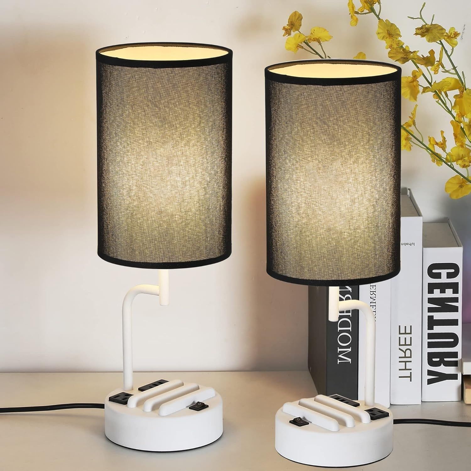 Table Lamp with 3 USB Charging Ports, Modern Desk Lamp with AC Outlet and Phone Stands, Perfect Bedside Lamp for Bedroom, Living Room, Office (Pack of 2), White&amp;Black