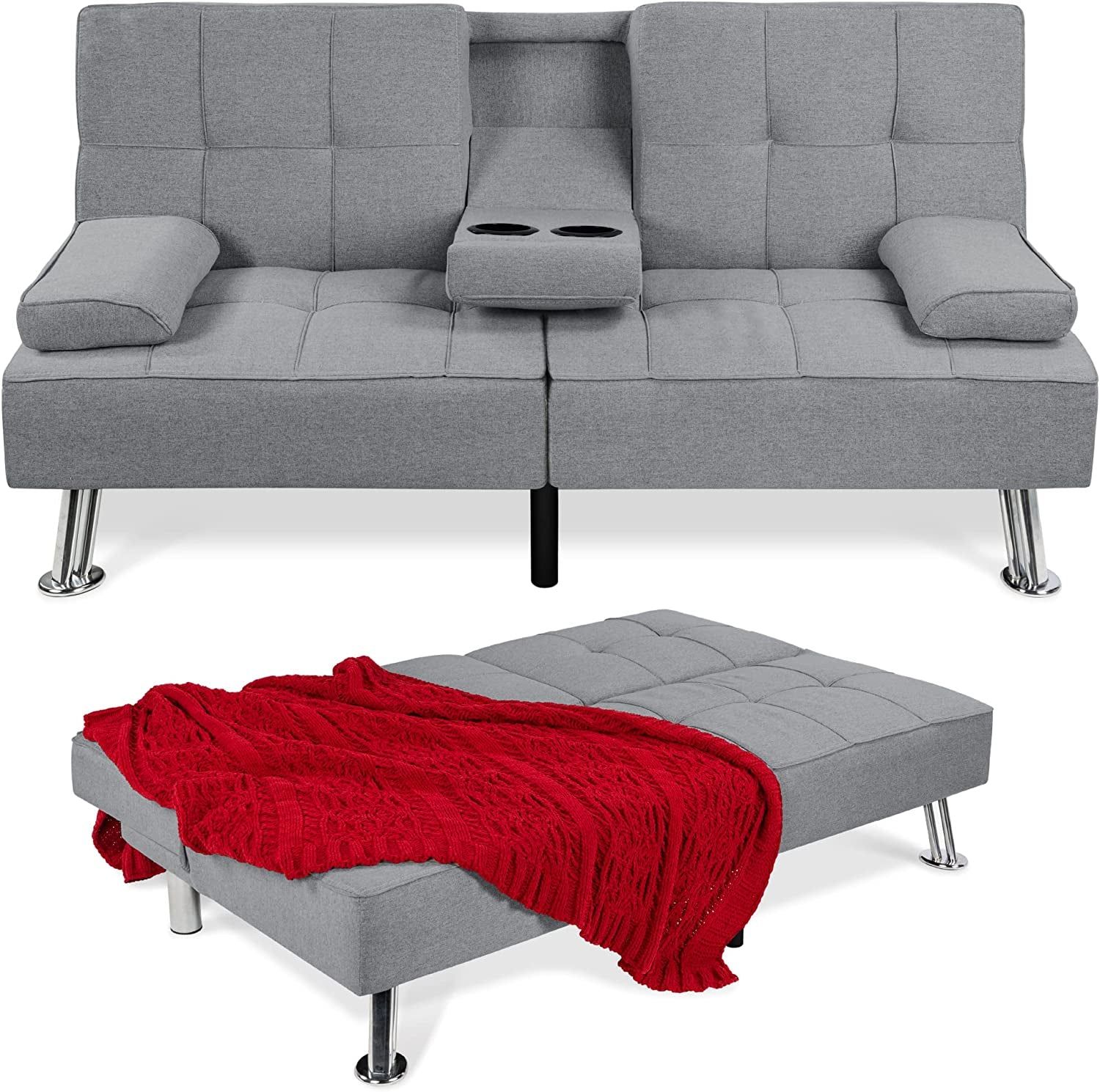 Linen Modern Folding Futon, Reclining Sofa Bed for Apartment, Dorm W/Removable Armrests, 2 Cupholders - Gray