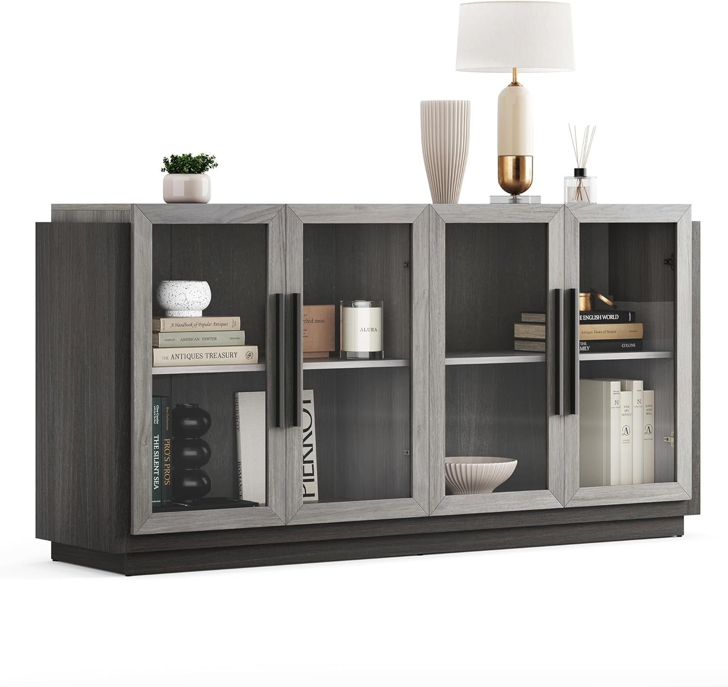 Sideboard Buffet Cabinet, Modern Wood Glass-Buffet-Sideboard with Storage, Console Table for Kitchen, Dining Room, Living Room, Hallway, or Entrance - Brixston (Grey)