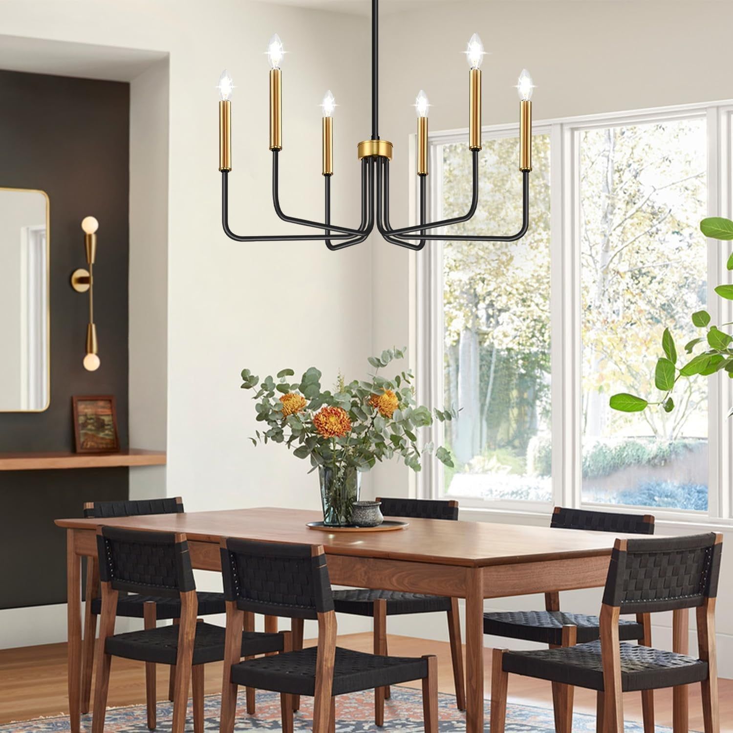 Black and Gold Chandelier, 6-Light Farmhouse Chandelier for Dining Room Lighting Fixtures Hanging, Dining Light Fixtures Industrial Modern Chandelier for Bedroom, Foyer, Living Room and Entryway